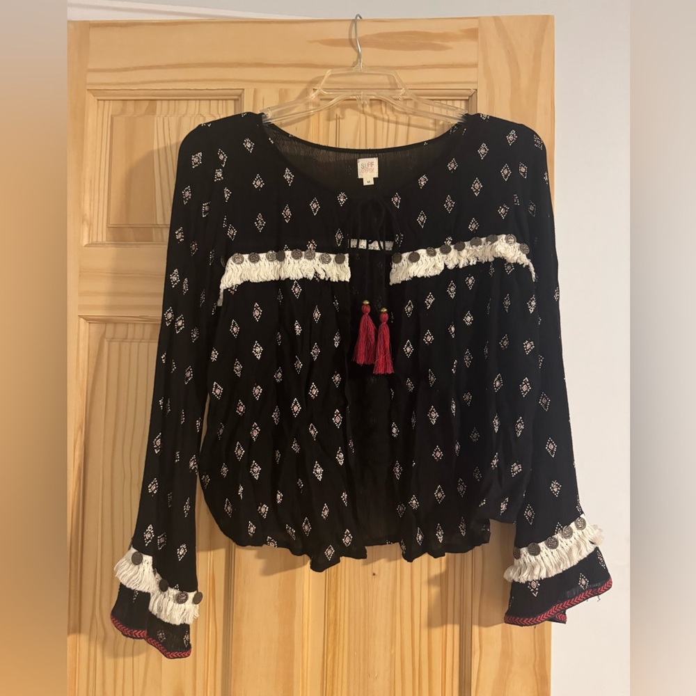 Surf Gypsy Black Peasant Blouse with White Fringe and Burgundy Tassels